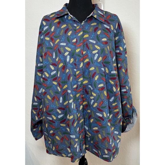 Talbots Blue Button Up Leaf Print Long Sleeve Blouse Size 3X - Picture 1 of 4